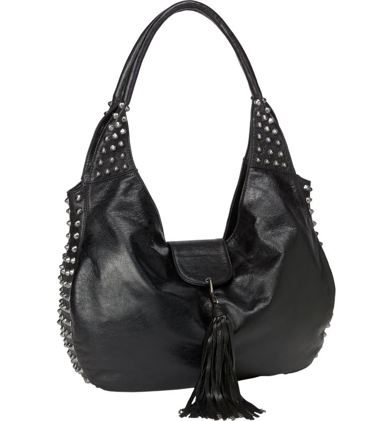 CASSANDRA LA 'Naho' Tassel Flap Leather Hobo, Main, color, Black