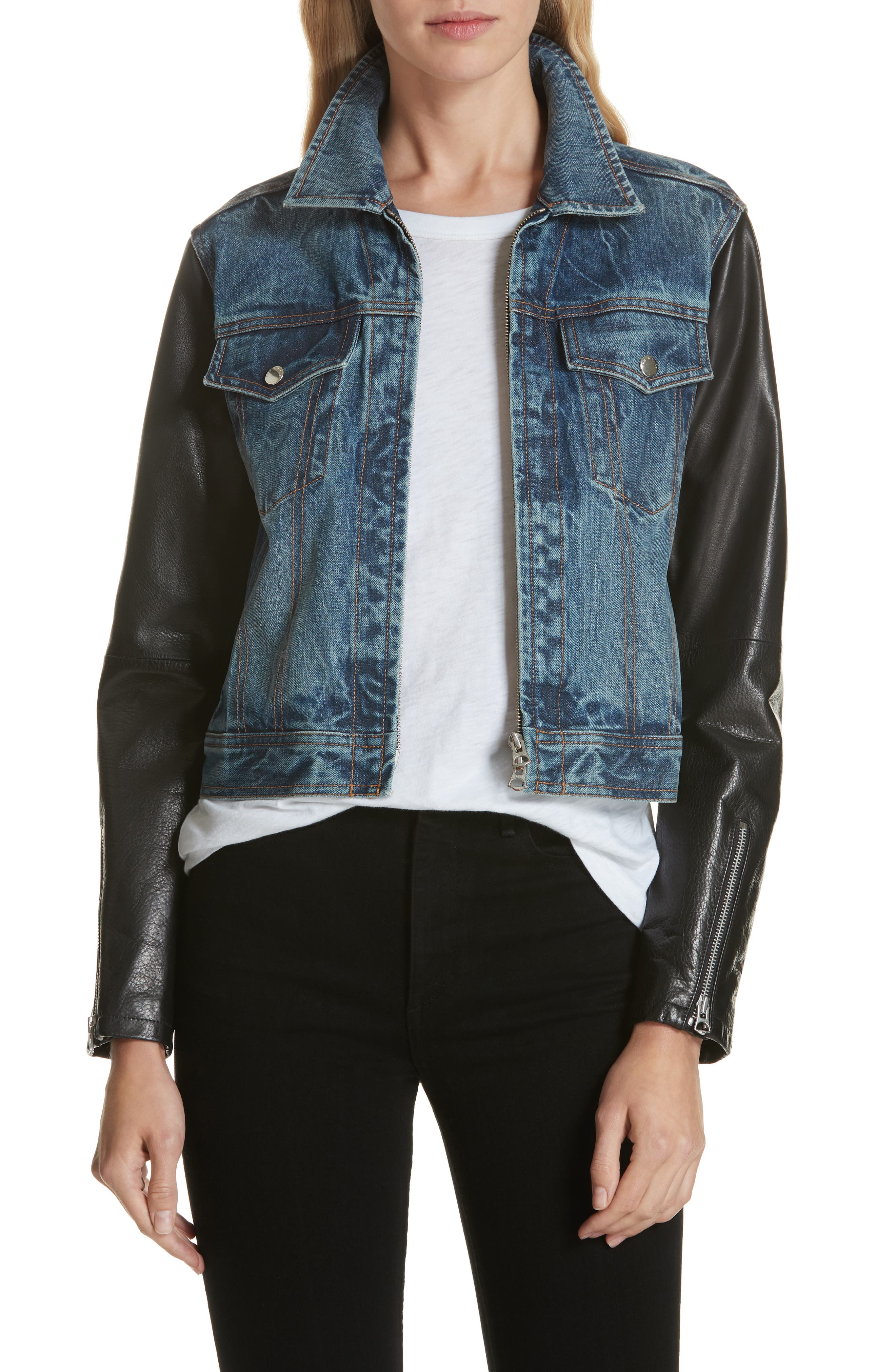 rag and bone denim jacket with leather sleeves