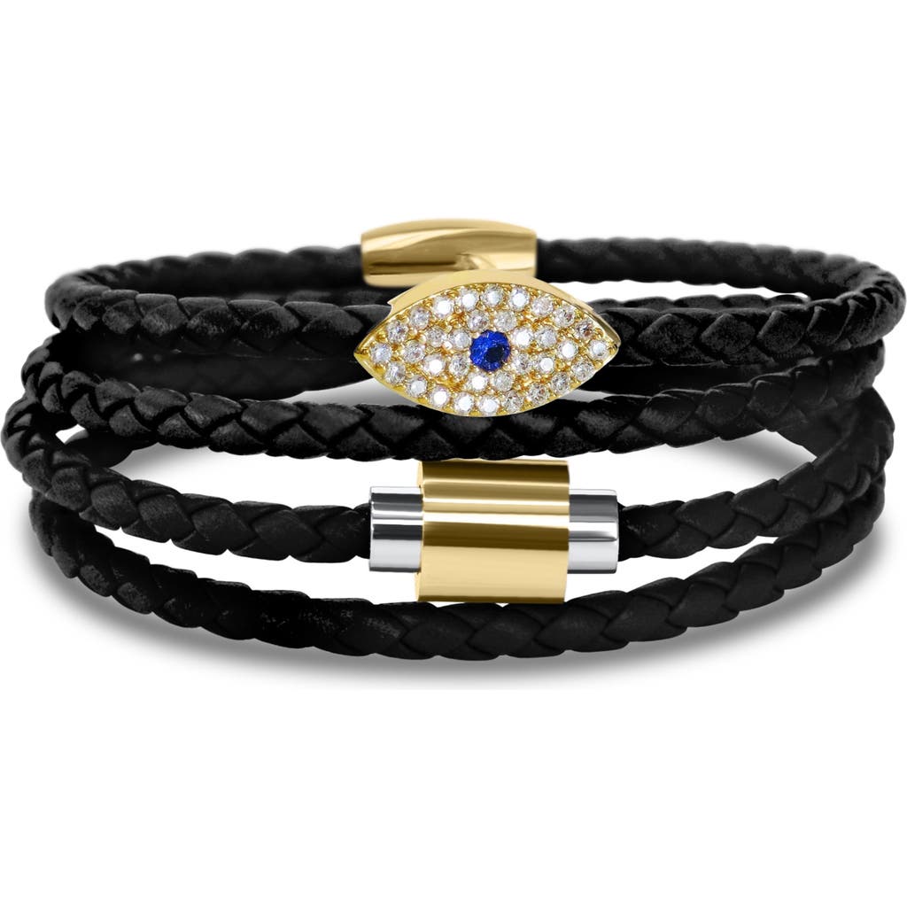 Shop Liza Schwartz Evil Eye Sapphire Stack Braided Leather Bracelet In Gold/black