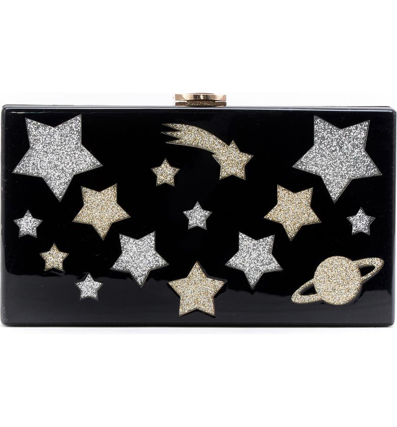 LIKE DREAMS Glitter Star Box Clutch, Main, color, Black