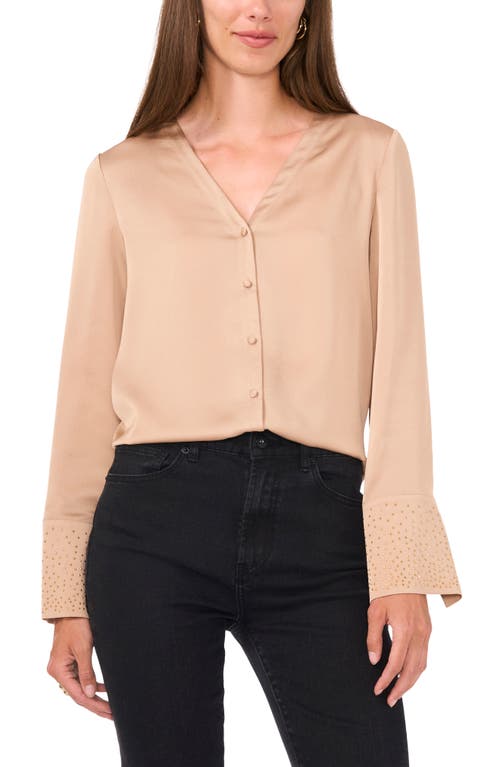 Shop Vince Camuto Rhinestone Cuff Satin Button-up Shirt In Nomad