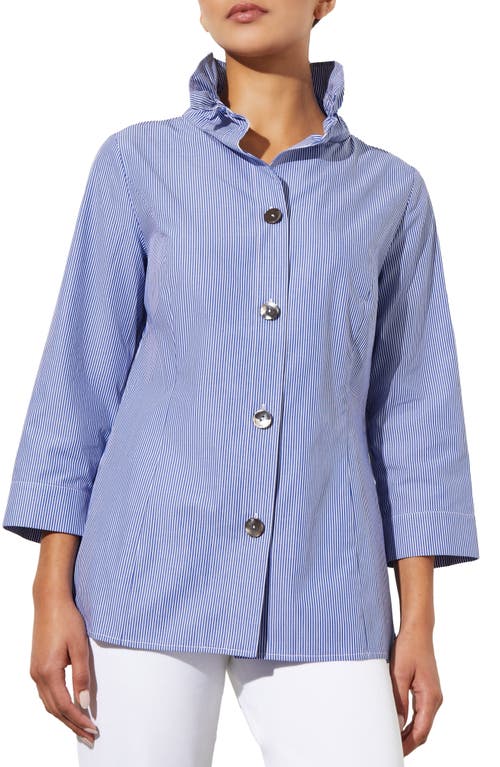 Ming Wang Ruffle Collar Stripe Cotton Shirt In Blue