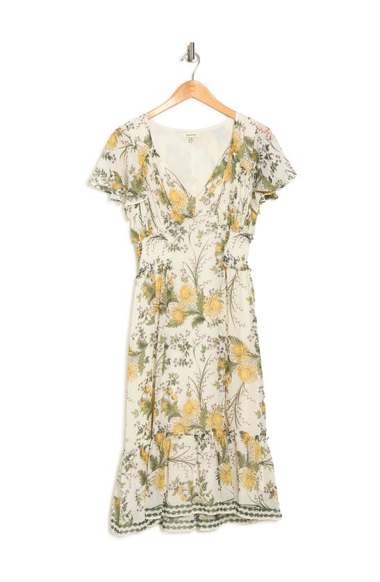 Maxstudio Printed Ruffle Short Sleeve Dress In Yellow/ Sage Floral Bloom