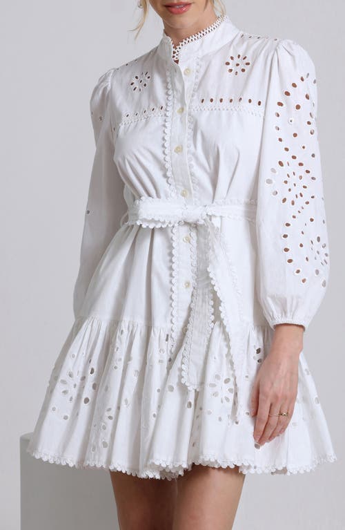 Shop Avec Les Filles Eyelet Tie Belt Long Sleeve Mini Shirtdress In White