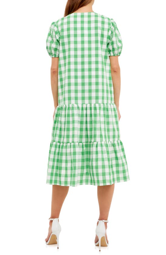 Shop English Factory Gingham Tiered Puff Sleeve Cotton Midi Dress In Green