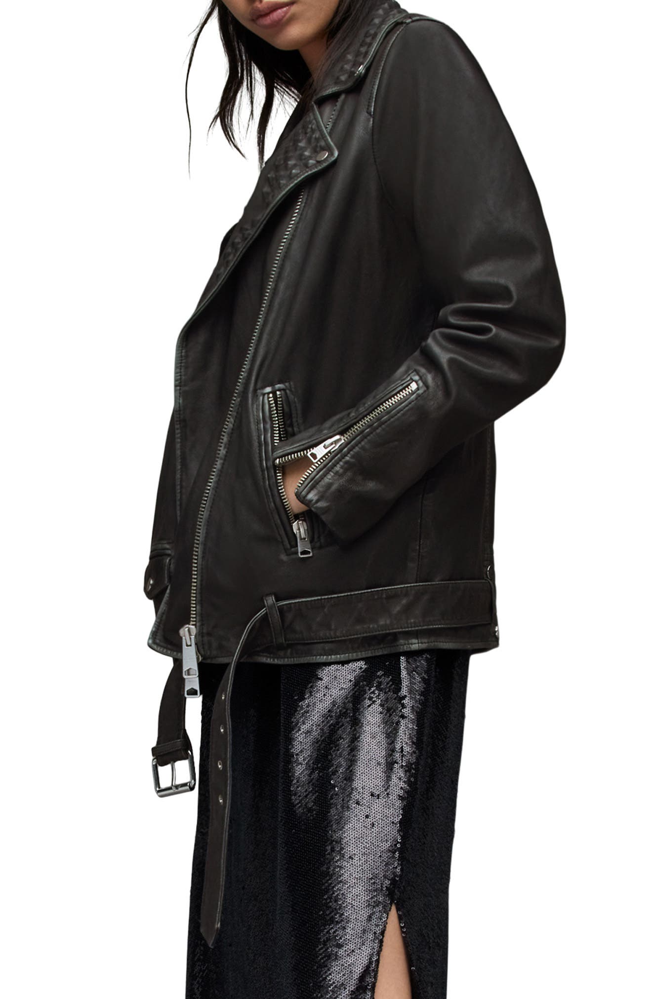 AllSaints Billie Studded Oversize Leather Biker Jacket Nordstrom