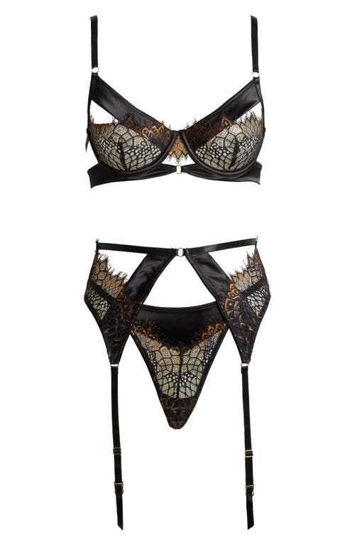 Shop Oh La La Cheri Ingrid Underwire Bra, G-string & Garter Belt Set In Black/pale Gold