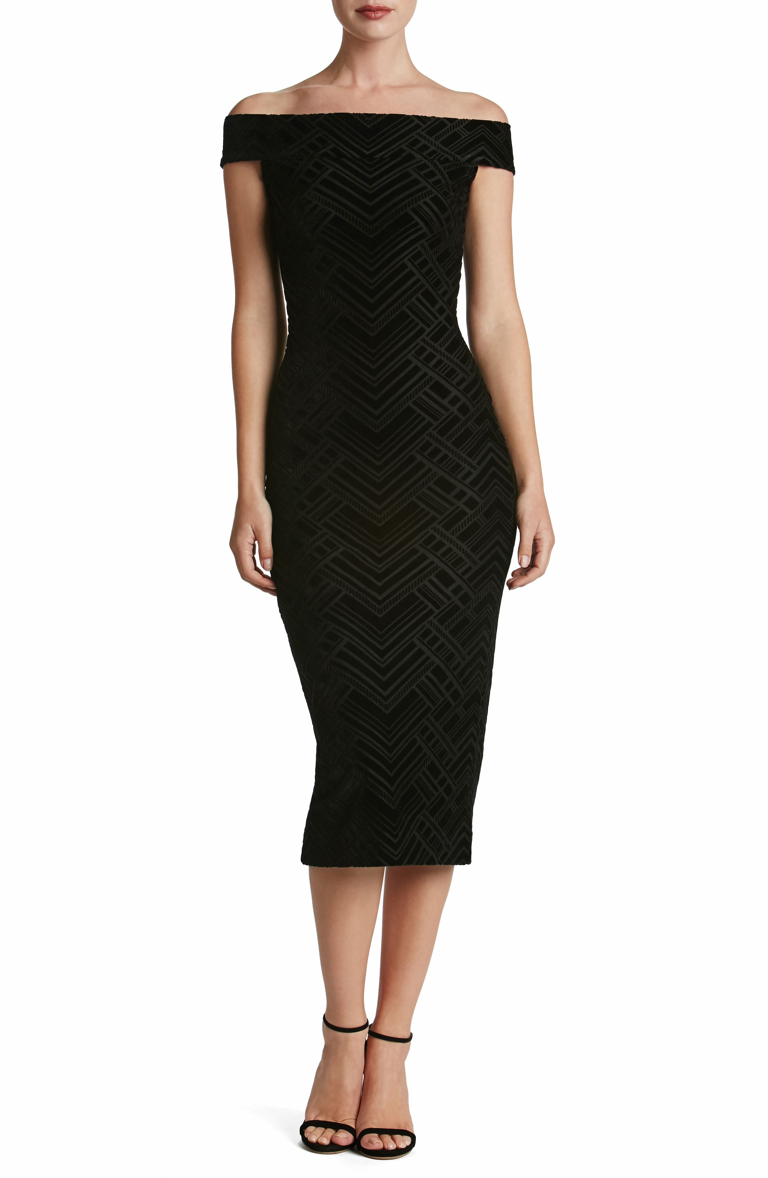 Dress the Population Eden Geo Print Velvet Off the Shoulder Dress