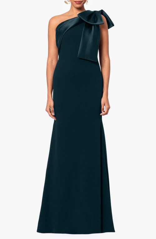 Betsy & Adam Rosette One-shoulder Crepe Trumpet Gown In Pine