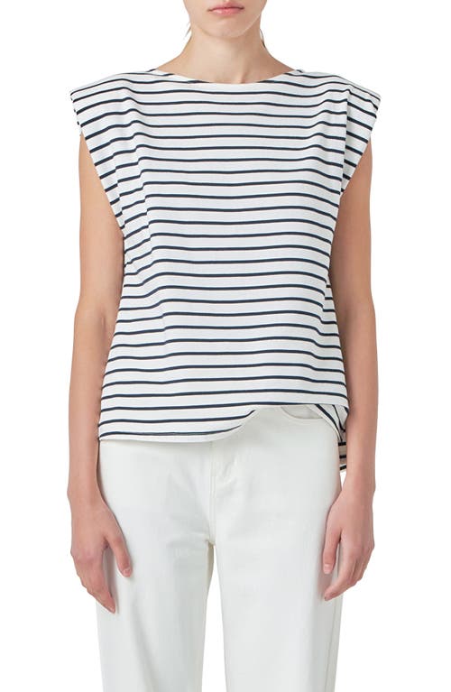 Grey Lab Stripe Padded Shoulder Muscle T-shirt In Off White/navy