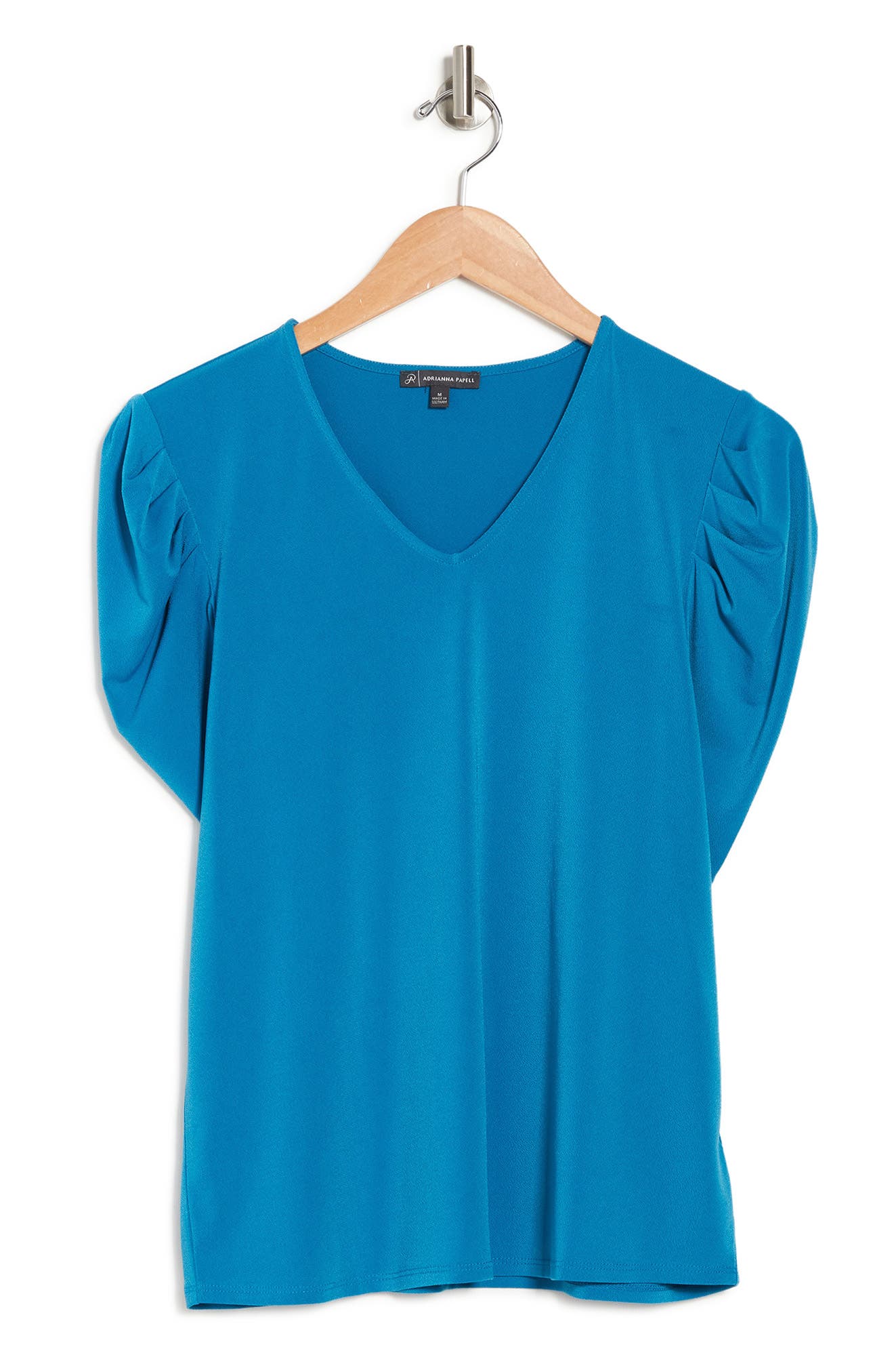 Adrianna Papell V-neck Puff Shoulder Moss Crepe Top In Cerulean