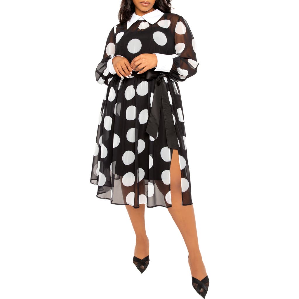 BUXOM COUTURE BUXOM COUTURE POLKA DOT LONG SLEEVE CHIFFON SHIRTDRESS