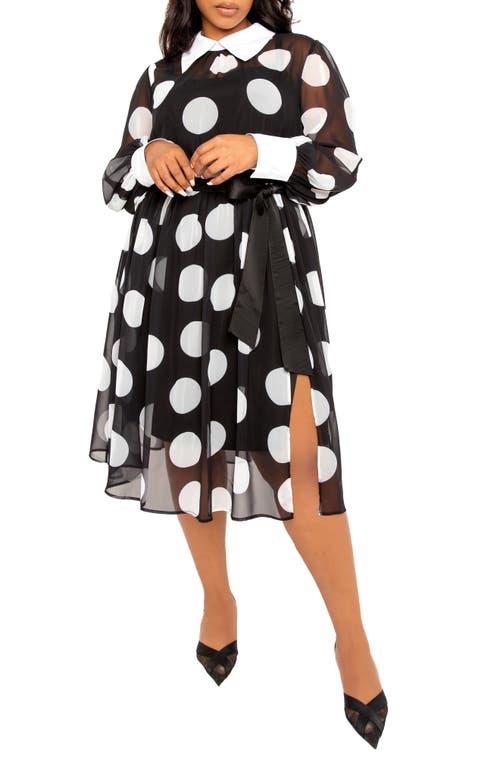 BUXOM COUTURE BUXOM COUTURE POLKA DOT LONG SLEEVE CHIFFON SHIRTDRESS 