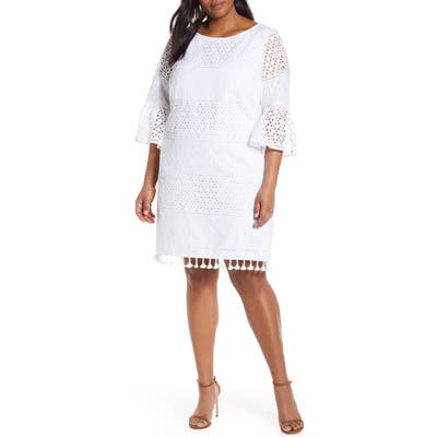 Plus Size Vince Camuto Eyelet Bell Sleeve Shift Dress With Tassel Hem, Ivory