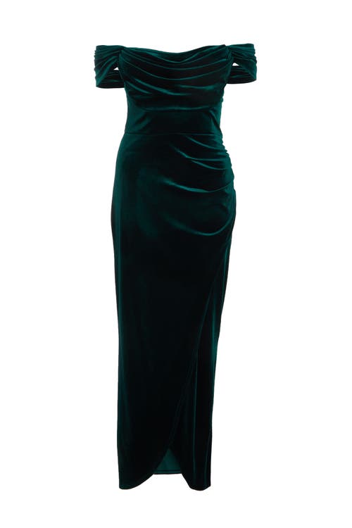 Quiz Velvet Cowl Bardot Maxi Dress In Green