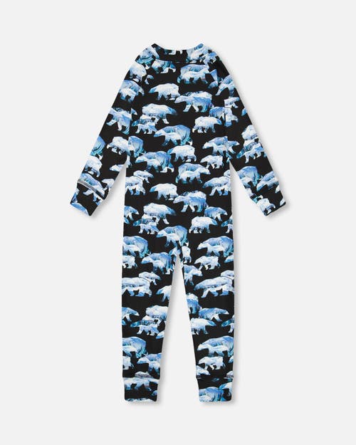Deux Par Deux Baby Boy's One Piece Thermal Underwear Black Printed Polar Bears In Printed Bears