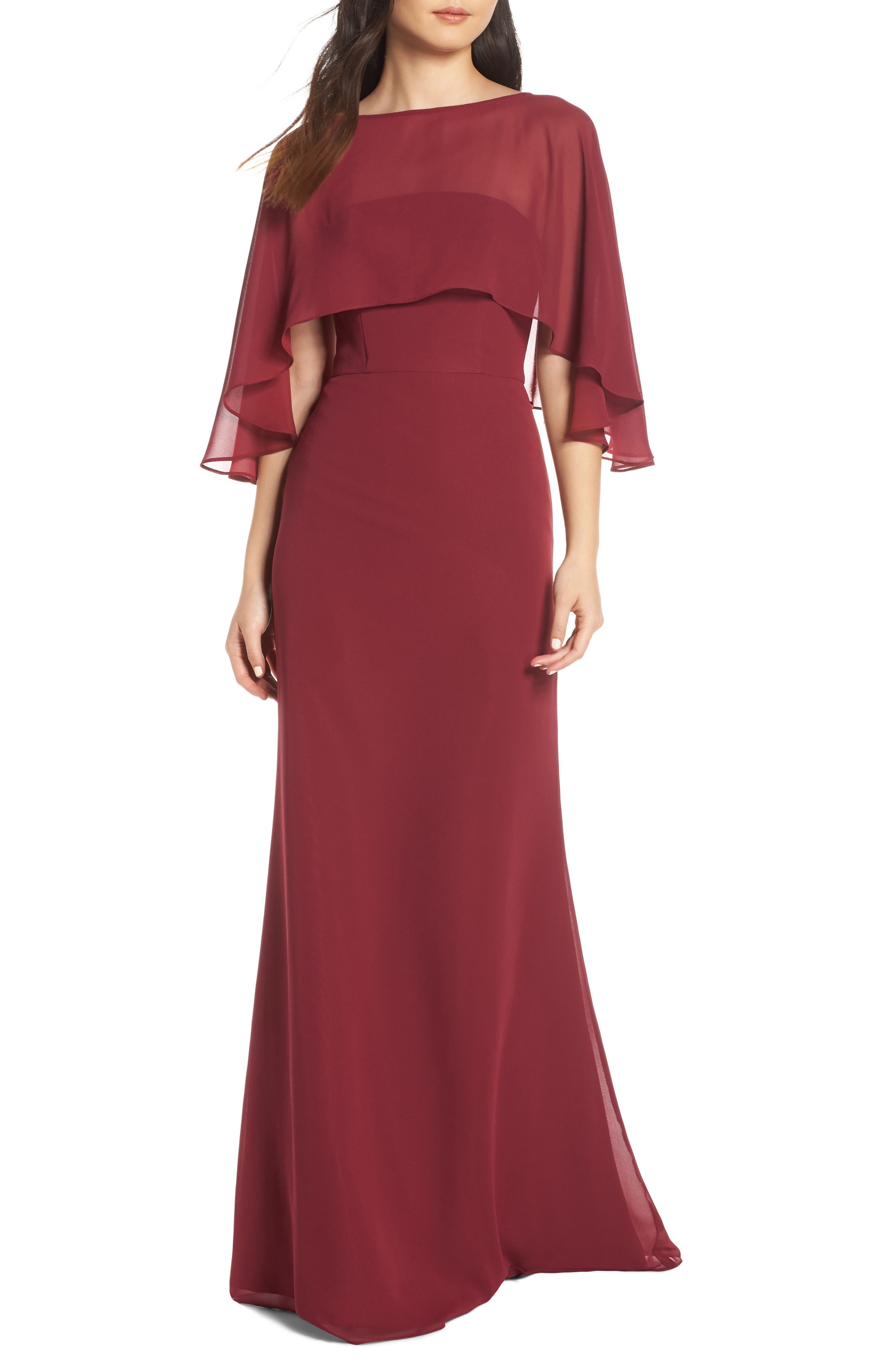 Hayley Paige Occasions Strapless Chiffon Evening Dress With Cape, Burgundy