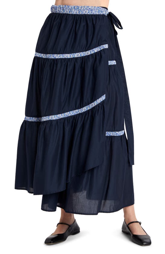 Shop Merlette X Liberty London Prins Cotton Lawn Wrap Skirt In Navy/ Liberty Blue Print