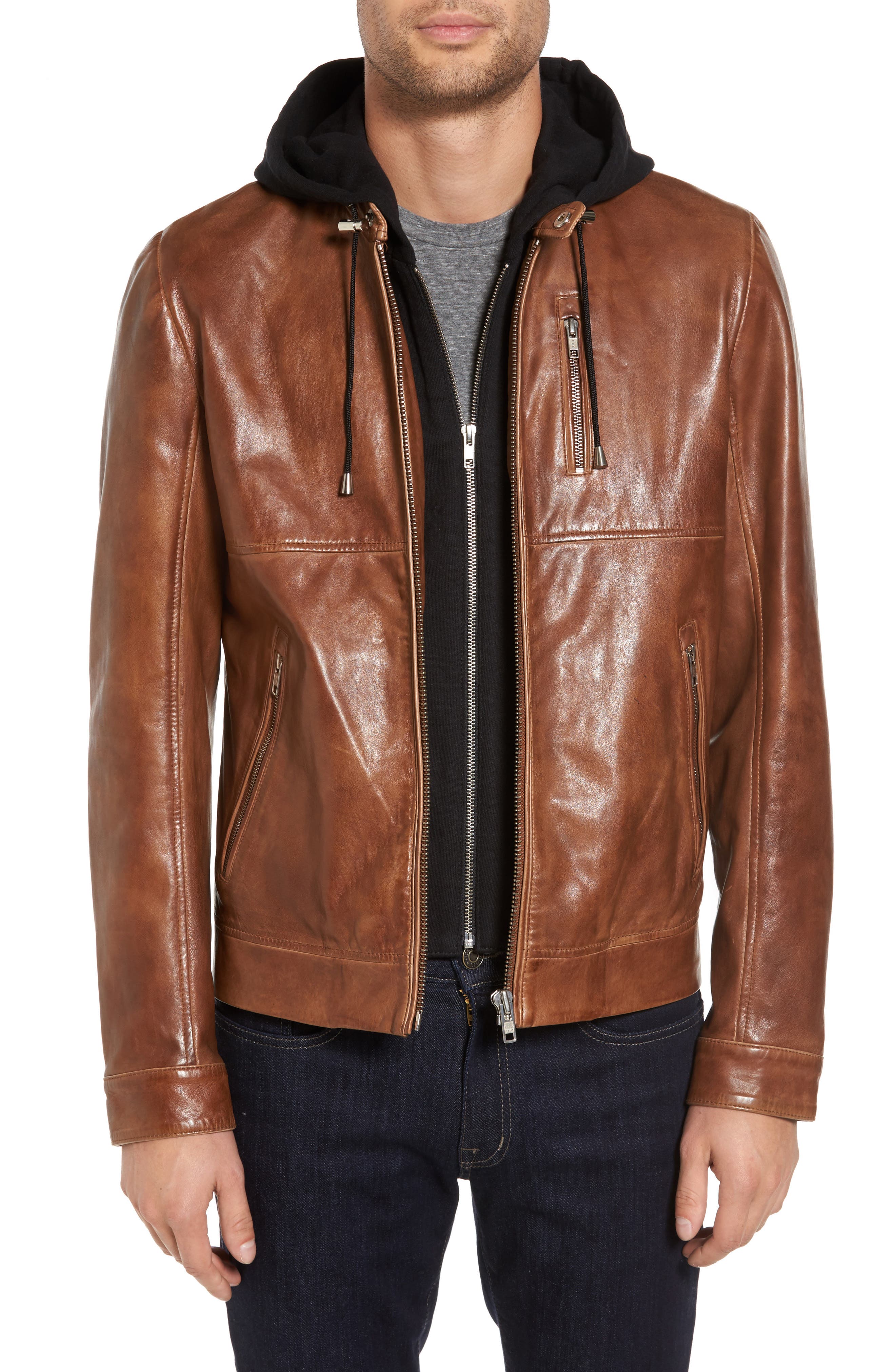 caslon leather moto jacket with removable hood