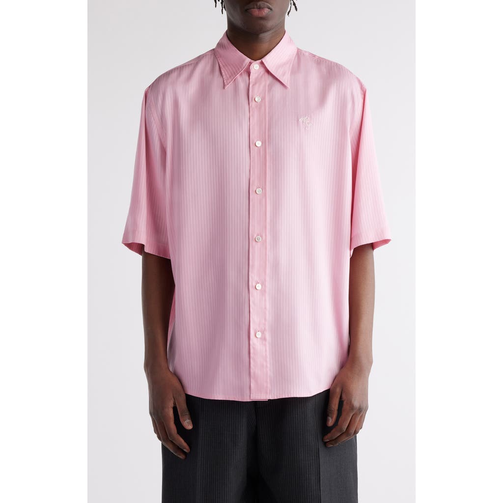 Acne Studios Tonal Stripe Short Sleeve Lyocell Button-up Shirt In Blush Pink