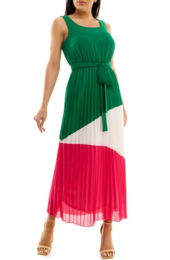 Nina Leonard Colorblock Pleated Chiffon Maxi Dress In Green/ Ivory/ Pink
