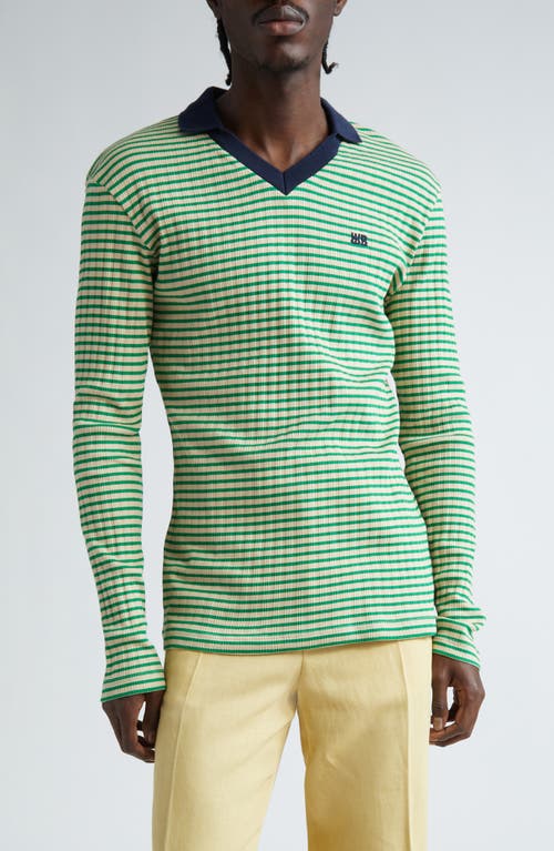 Wales Bonner Sonic Stripe Long Sleeve Rib Polo Ivory And Green at Nordstrom,
