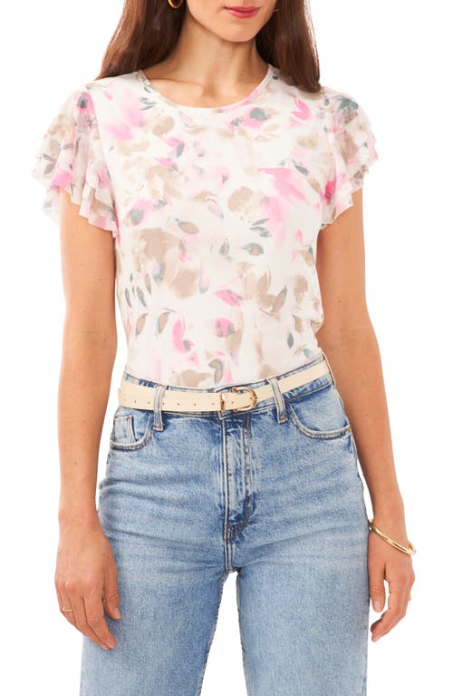 Vince Camuto Floral Ruffle Sleeve Mesh Top New Ivory at Nordstrom