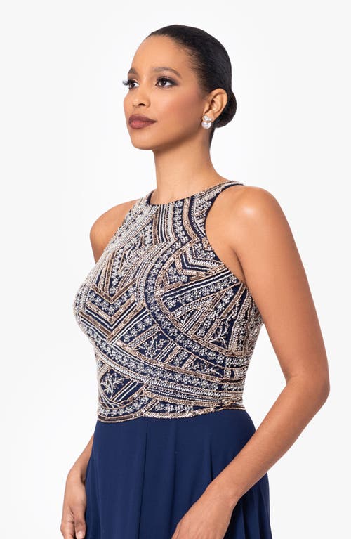 Shop Betsy & Adam Beaded Bodice Sleeveless Gown In Navy/silver/copper