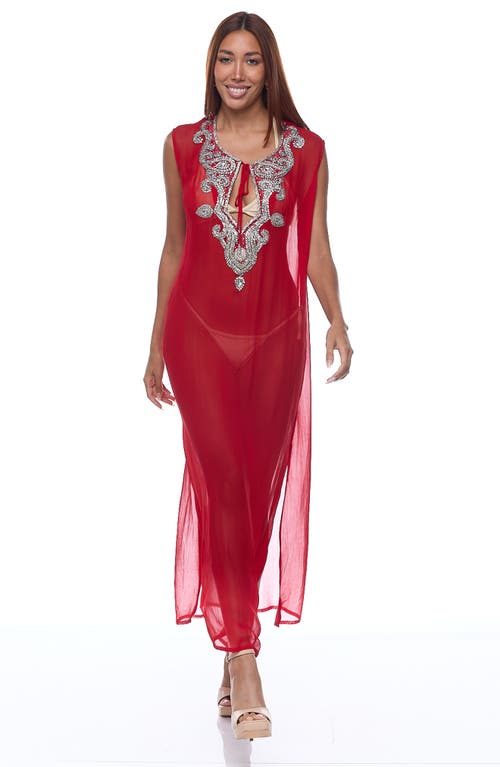 Ranee's Ranees Embellished Sheer Cover-up Dress In Red