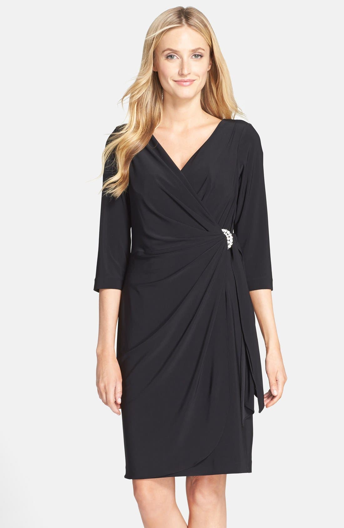 alex evenings faux wrap brooch dress