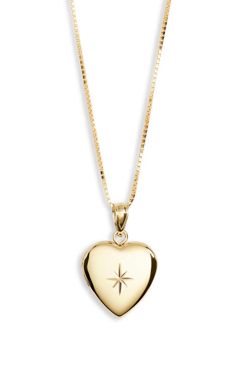 Engraved Star Heart Locket Necklace