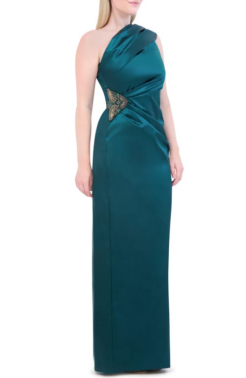 Shop Eliza J Embellished One-shoulder Satin Gown In Hun