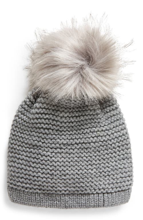 Wool Blend Beanie with Faux Fur Pompom in Charcoal