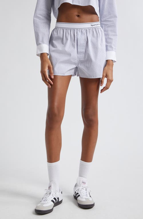 Serif Logo Cotton Shorts in White/Faded Navy Thin Stripe