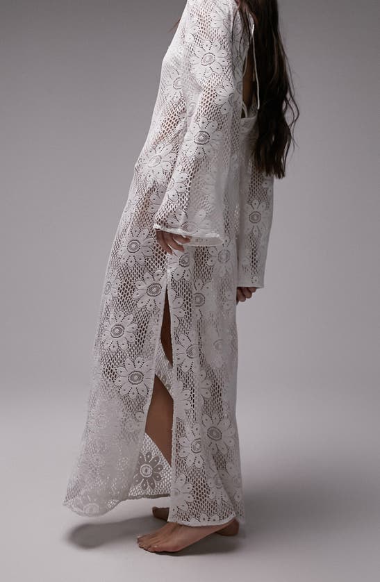 Shop Topshop Long Sleeve Floral Lace Cover-up Maxi Dress In Stone