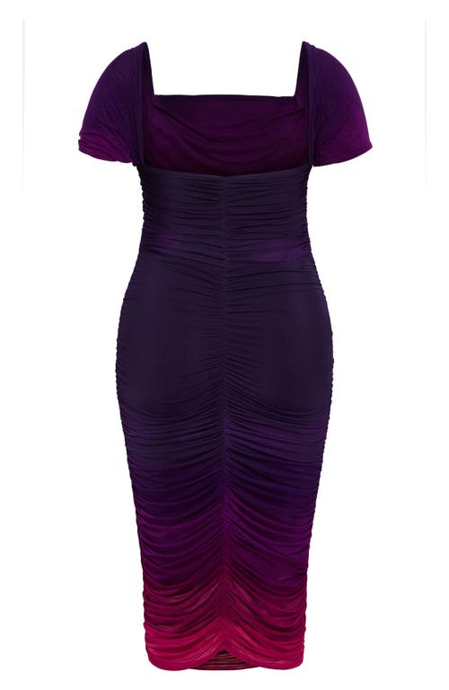 City Chic Ombré Ruched Square Neck Cap Sleeve Dress In Magenta Ombre