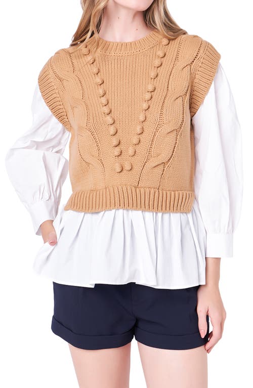 English Factory Mixed Media Cable Stitch Sweater In Tan/white
