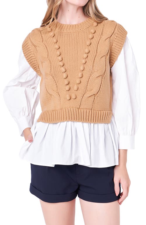 Shop English Factory Mixed Media Cable Stitch Sweater In Tan/white