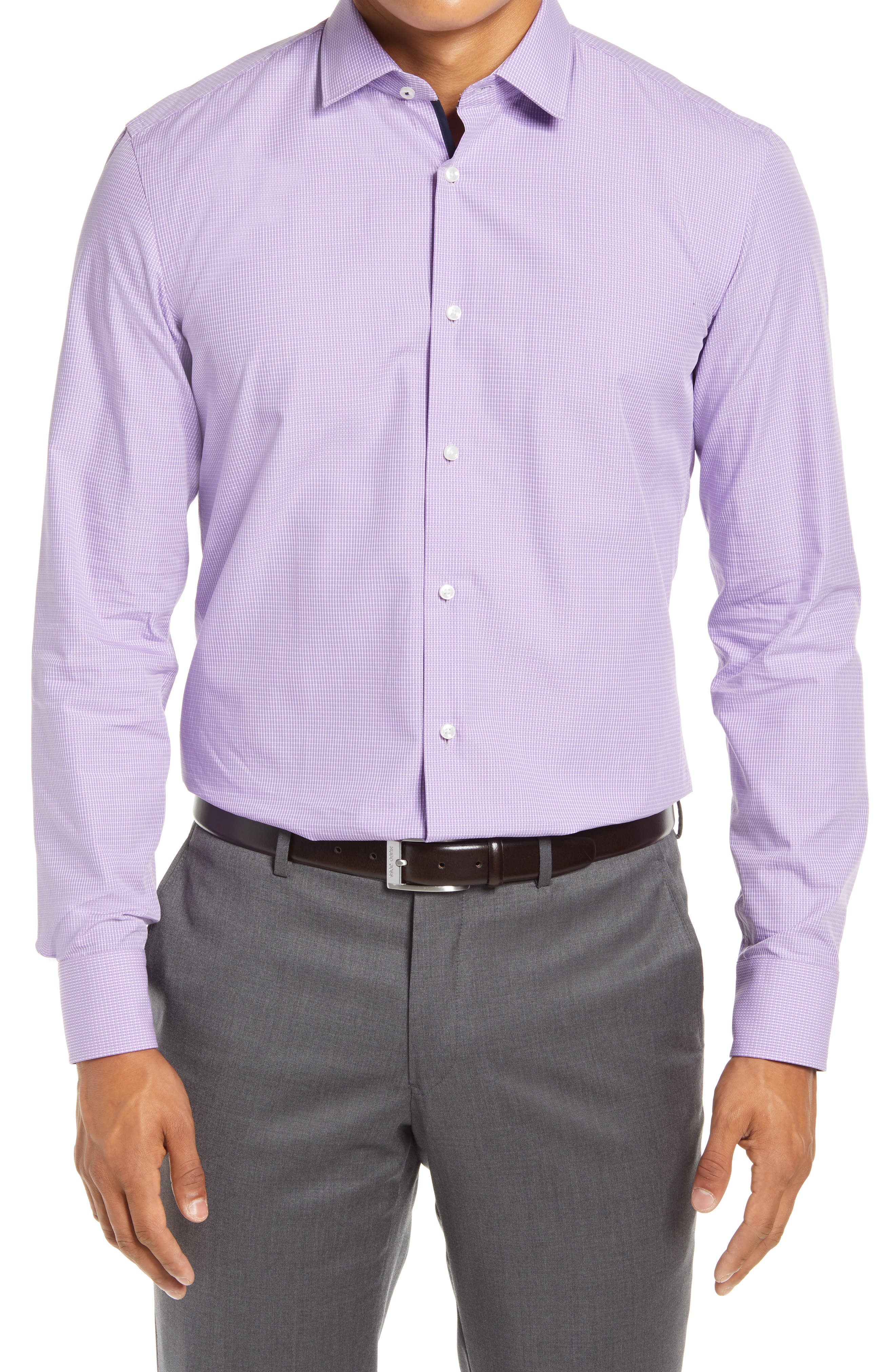 gray slacks purple shirt