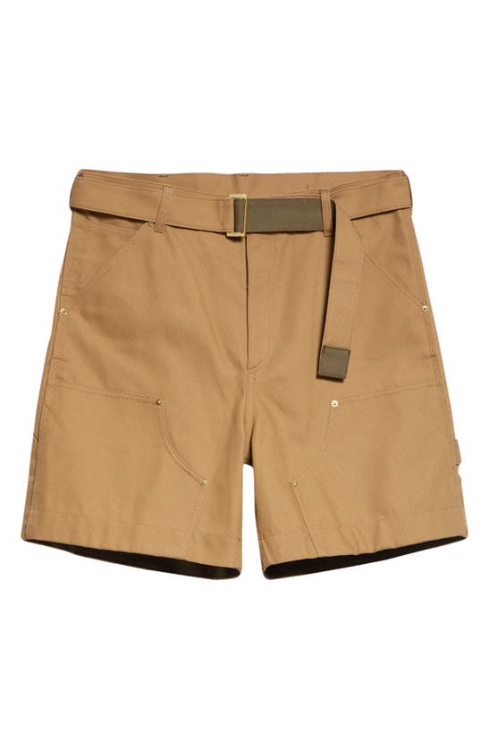 Shop Sacai Carhartt Wip Belted Cotton Canvas Shorts In Beige