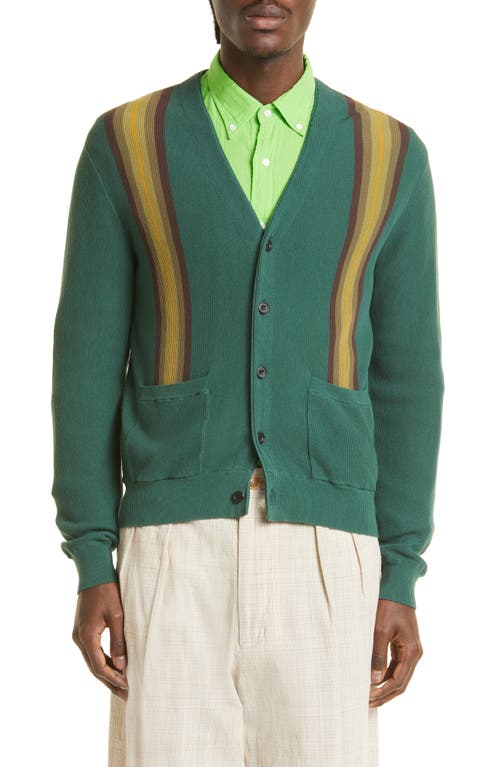 BEAMS Jacquard Stripe Cotton Cardigan in Green 65