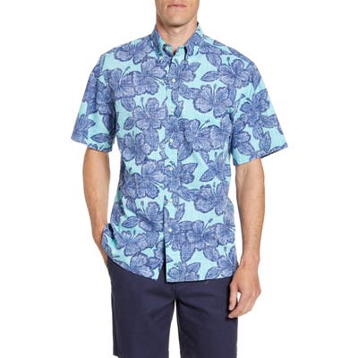Reyn Spooner Hibiscus Orchard Regular Fit Floral Short Sleeve Button-Down Sport Shirt, Blue