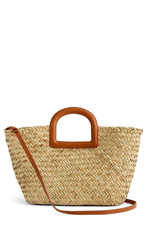 The Large Handwoven Straw Crossbody Basket Tote in Saddle Brown Multi