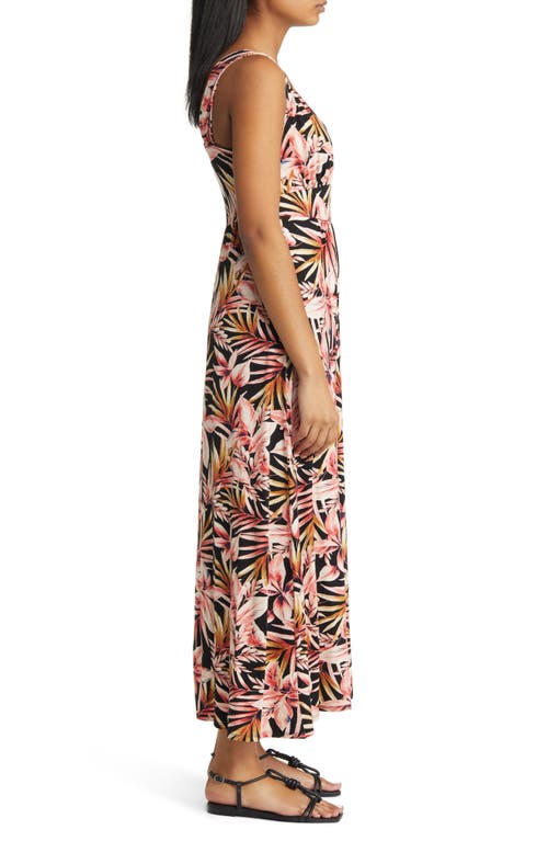 Loveappella Palm Print Surplice V-neck Knit Maxi Dress In Black/marsala