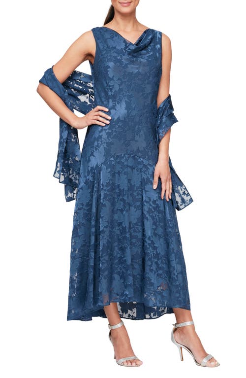 Alex Evenings Floral Burnout Fil Coupé Dress with Shawl in Wedgewood at Nordstrom, Size 14