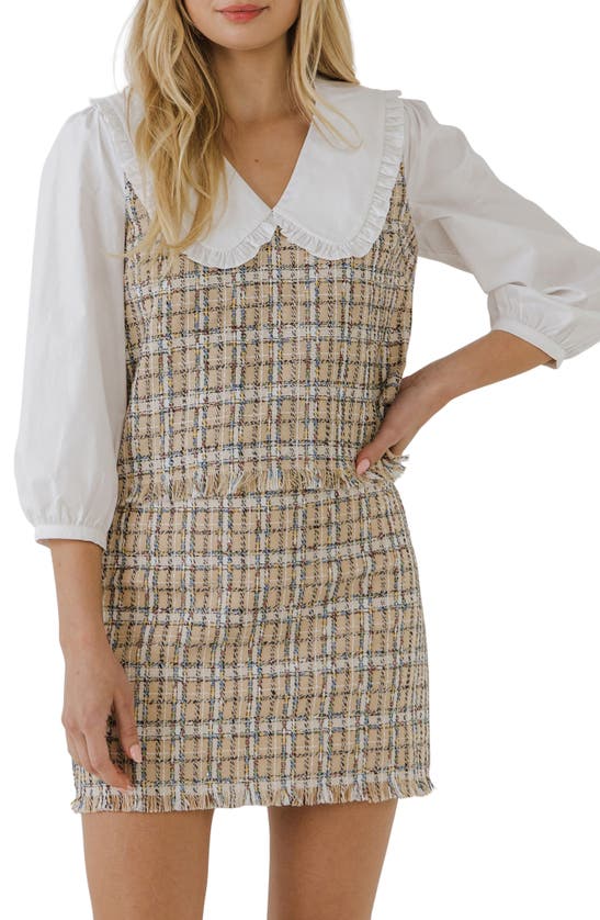 English Factory Combination Tweed Vest & Poplin Blouse In Beige