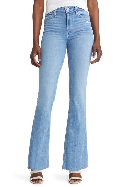Blue Frayed Trim Flare Jeans, Bell Bottom Distressed High Waist Slim Fit  Denim Pants, Women's Denim Jeans & Clothing