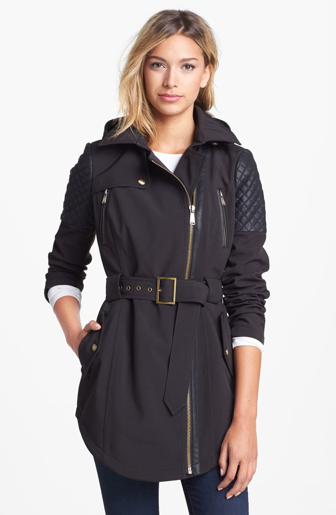 BCBGeneration Faux Leather Trim Belted Soft Shell Coat | Nordstrom