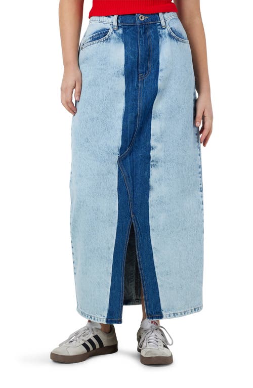 Rinna Colorblock Front Slit Denim Midi Skirt in Medium Blu Denim Colorblck