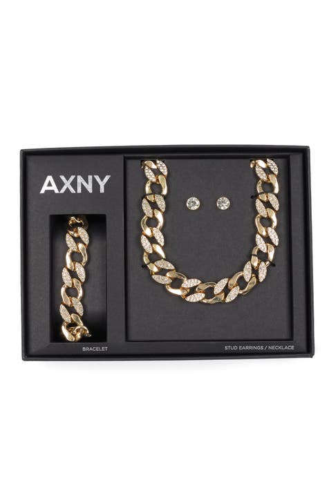 Embellished Curb Link Necklace, Bracelet and Stud Earrings Set